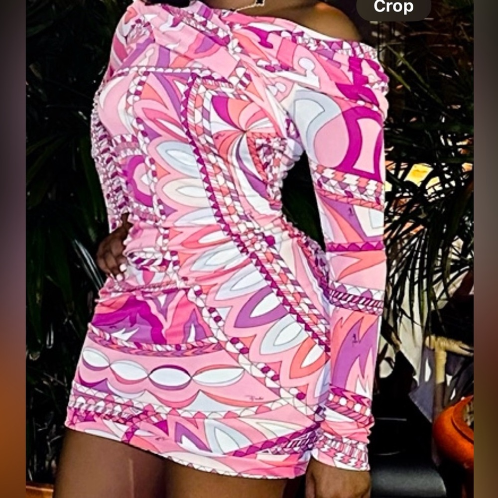 Vibrant Pink Patterned Off-Shoulder Dress